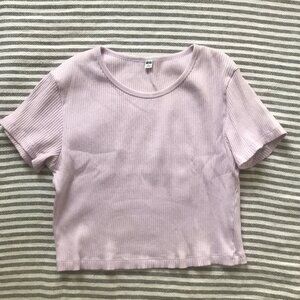 Ribbed Crew Neck Short-Sleeve Cropped T-Shirt, Lilac